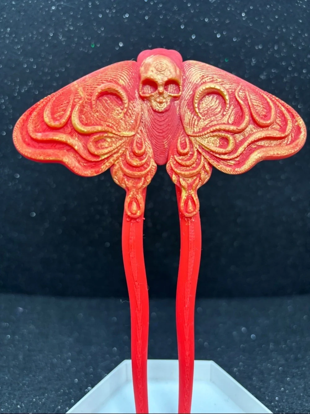 Skull Moth Hair Pin | Hand Painted Red & Gold Gothic Hair Pin